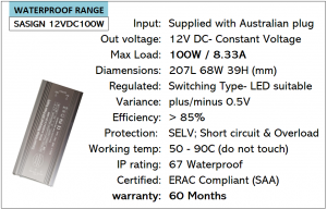 12V 100W Waterproof Power Supplies - LED Safe