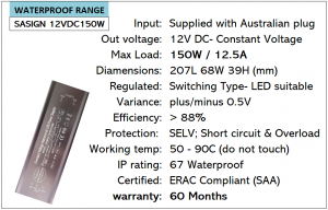 12V 150W Waterproof Power Supplies - LED Safe