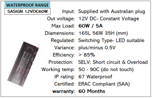 12V 60W Waterproof Power Supplies - LED Safe